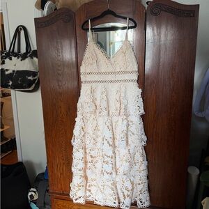 Tiered Cream/Off White Lace Crochet Eyelet Midi Dress with Spaghetti Straps